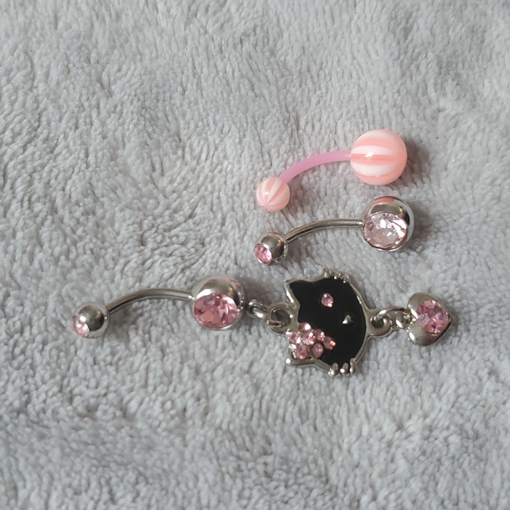 New hello kitty surgical steel pink crystal bellyring set